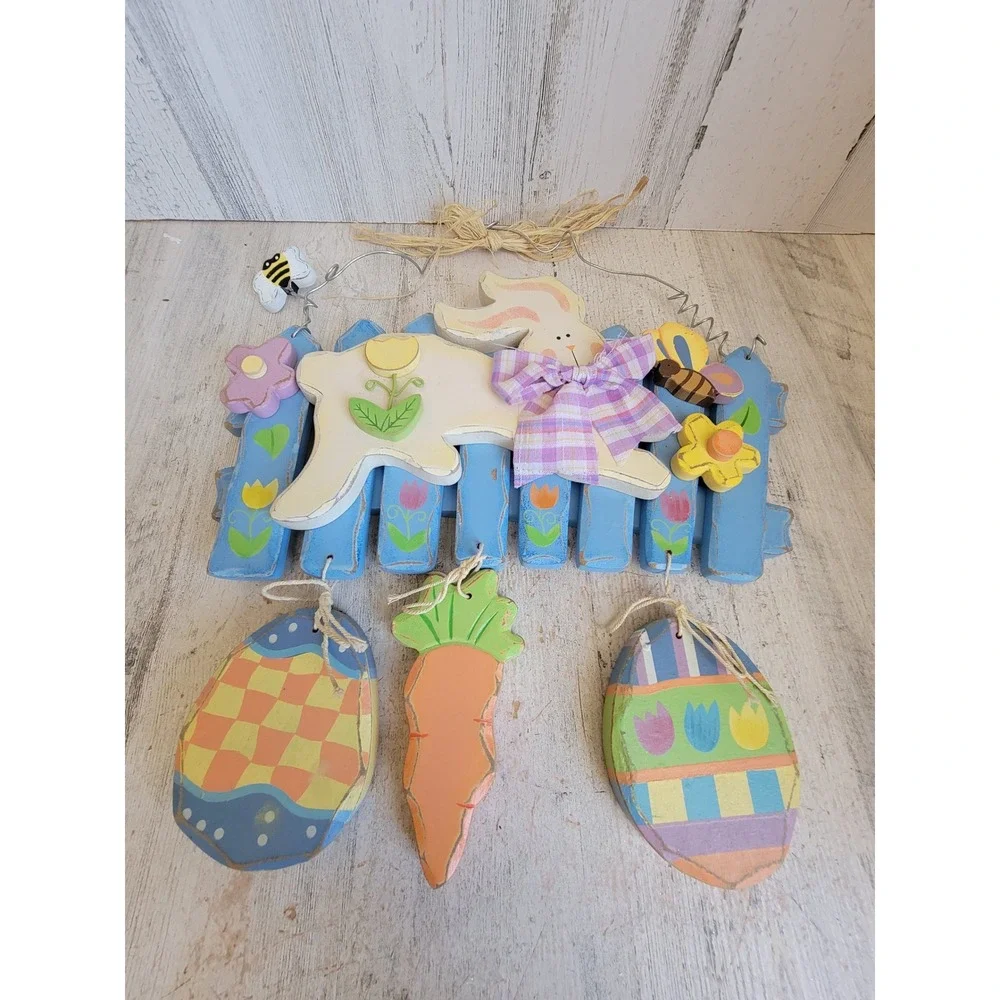 Easter bunny hop spring wooden egg wall hanging home decor flower rabbit